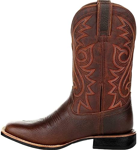 Western Cowboy Boots for Men,Western Square Toe Cowboy Boots Retro Leather Embroidery Casual Chunky Heel Wide Calf Pull On Boots2