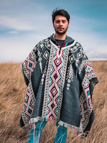 Image of Alpaca Mens Poncho with Hood - Cowboy Serape Western Poncho - Clint Eastwood Poncho for Men - Ecuadorian Cloak with Hood Men