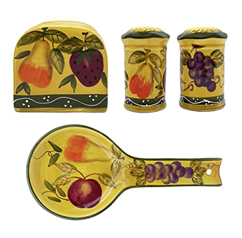 ACK Tuscany European Fruit Ceramic Hand Painted Table/Stove Top Set of 4PCS, Pepper and Salt Shakers, Napkin Holder and Spoon Rest, Kitchen Décor