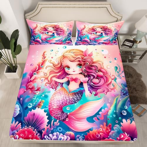 Kawaii Mermaid Fitted Sheet Queen Size Girlish Fairy Tale Bedding Set Kids Room Decor Undersea Coral Seaweed Bed Cover with 2 Pillowcases Mermaid Tail Soft Polyester Bedding,No Top Sheet