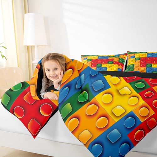 Image of Feelyou Toddler Building Blocks Comforter Set King Size Kids Toy Brick Comforter for Boys Teens Games Bedding Set Breathable Colorful Duvet Set Room Decor Quilt Set