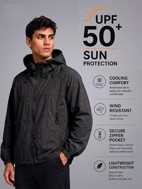 Image of CHKOKKO Sunscreen Jacket For Men With Hood | Advanced Upf 50+ UV Ray Sunblock Sunscreen | Water-repellent Lightweight Nylon Cooling Quick Dry Fabric | Sports Cycling Travel & Dailywear