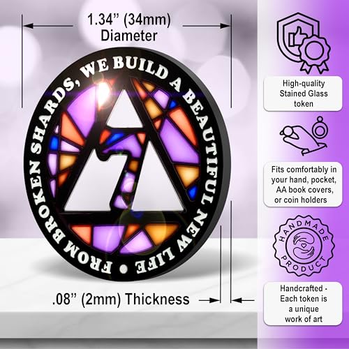 Image of Stained Glass 7 Year AA Chip Sobriety Coin Medallion, Fragments to Freedom Alcoholics Anonymous Addiction Recovery Anniversary Token, Inspirational Sober Gifts for Men and Women by the Token Shop