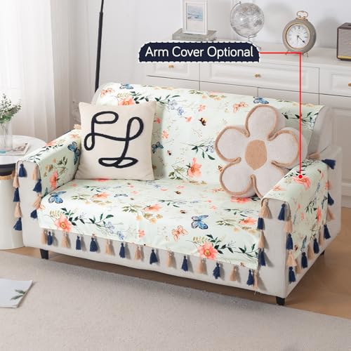 Image of HOKIPO Printed Holland Velvet Sofa Cover with Tassels for 2 Seater Sofa | Full Protection for Sofa Seat and Back | 'Whispers of Nature' (160x120 cm), Pastel Butterfly Meadow (IN-1126-D2)