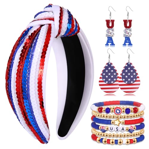 CEALXHENY 4th of July 女性用アクセサリー アメリカ国旗 ヘッドバンド USA イヤリング 赤 青 白 ビーズ 平石 ブレスレット アメリカ 愛国 七月四 アクセサリー 衣装 ジュエリー ギフト (赤青)