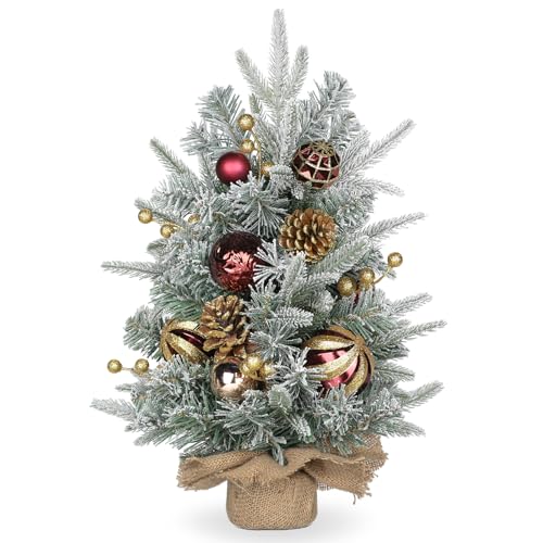 Oairse Small Christmas Tree 60cm Mini Christmas Tree with Giltter Christmas Baubles, Gold Berries, Big Pine Cone and Snow Flocked Branches for Christmas Decorations New Year Tabletop Centerpieces