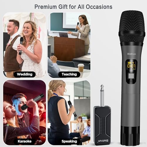 Bietrun Wireless Microphone Only for Mic Input, UHF Metal Dynamic Handheld Multipurpose Mic with Rechargeable Receiver (Work 4hs), 160ft Range, for Karaoke Machine, Amplifier Speaker, Mixer, Church