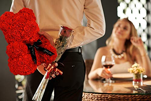 Rose Teddy Bear, Rose Bear Teddy Bear,10" Flower Bears With Lights, Rose Bear Foam Artificial Flower,Lighted Up Rose Teddy Bear Gift For Valentines Day, Mothers Day,Anniversary (Red) #TOP3