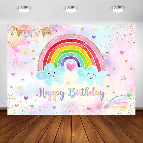 Avezano Rainbow Theme Birthday Backdrop Sprinkled Gold Dots Rainbow Stars Birthday Party Decorations 1st 2nd 3rd Girls' Happy Birthday Photoshoot Backgrounds Cake Table Banner (7x5ft)