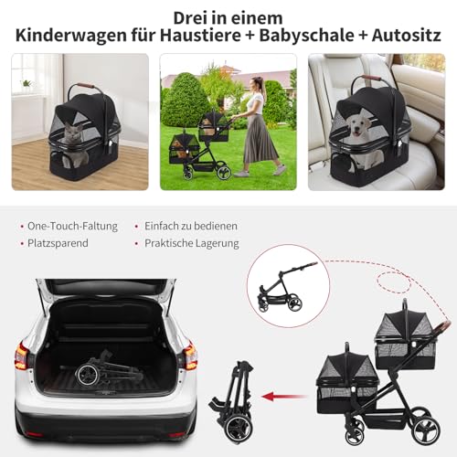 Zstar Hundewagen Hundebuggy Faltbarer Haustierwagen mit 2 Abnehmbaren Hundebox Tasche für Zwei Kleinen Hunden Katzen, Belastbarkeit bis 15 kg pro Ebene