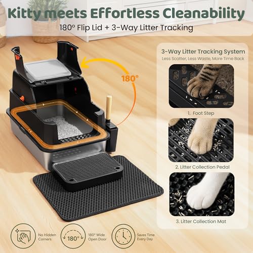 Image of Stainless Steel Litter Box with Lid - XL Enclosed Litter Box for Cats with Collecting Mat - 4 Way Setup Fully Closed, Semi Low, High & Open Kitty Boxes, Leak Proof Metal LitterBox (Black)
