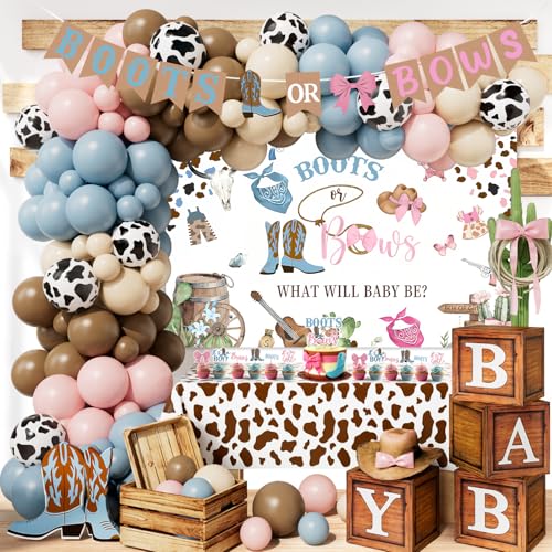 Boots or Bows Gender Reveal Decorations - 130Pcs Boy or Girl What Will Baby Be Gender Reveal Party Supplies Include Backdrop Balloon Garland Tablecloth Boots or Bows Banner Cake Cakecup Topper by Tenshun - Used condition - US$27.33
