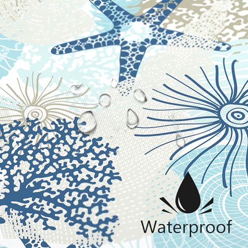 MAYZUS Beach Ocean Themed Shower Curtain 60x72, Cute Nautical Coastal Shower Curtain for Bathroom Decor, Summer Tropical Seashell Starfish Coral Fabric Shower Curtain Set with Hooks, Teal Blue - Image 3