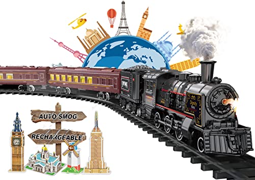 Electric Train Sets for Boys Girls Metal Alloy Christmas Trains Toys Steam Locomotive, Passenger Carriages, Tracks, Light & Sounds Rechargeable Birthday Gifts for Kids 3 4 5 6 7 8 + Years Old Red
