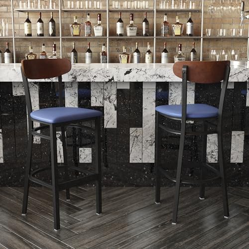 Image of Flash Furniture Wright Commercial Barstool - Walnut Finish Wood Boomerang Back - Blue Vinyl Seat - 500 LB. Capacity Black Steel Frame - Integrated Footrest