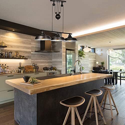 Ganeed 3-Light Pully Pendant Light,Rustic Kitchen Island Lights with Metal Shades,Adjustable Hanging Height,Industrial Vintage Ceiling Lights Fixture for Dinner Room Farmhouse Bar