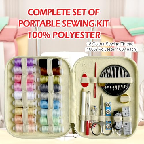 Image of Sewing Kit with Case Portable Sewing Supplies for Home Traveler, Adults, Beginner, Emergency, Contains 18 Sewing Thread, Scissors, Needles, Measure etc,Off White