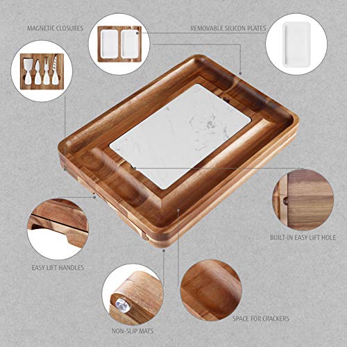 hecef Cheese Board and Knife Set with Acacia Wood Platter, Marble Slate and Snack Trays, for Entertaining, Housewarming and Gift Giving (White) - Image 2