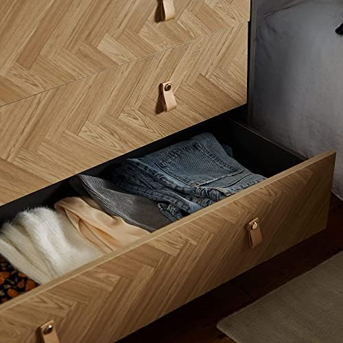 VonHaus Herringbone Chest of Drawers - Grey & Wood Effect 5 Drawer Dresser - Scandi Nordic Style Bedroom Drawers - Modern Clothes Storage Cabinet for Bedroom w/Tapered Legs & Faux Leather Tab Handles