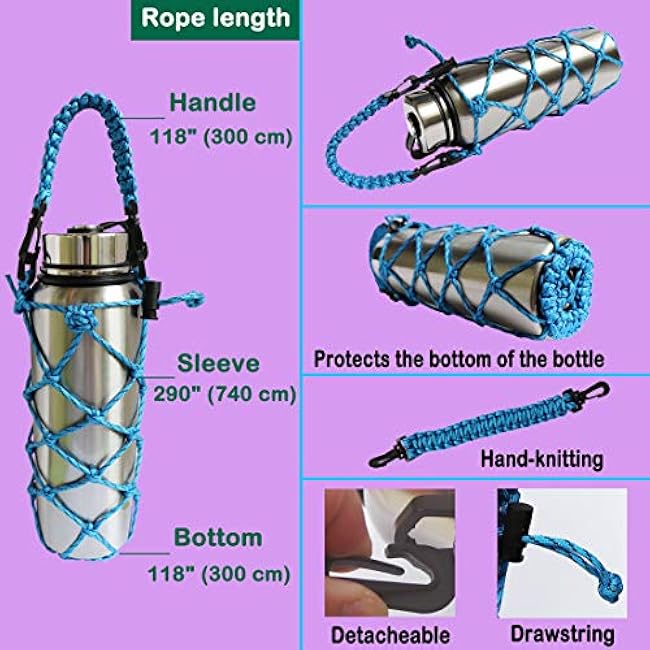Paracord Water Bottle Trumble Carrier Sleeve Mesh Net Pouch Bag Sling with Handle for Carrying 18 24 32 40 oz Hydro Flask Stainless Steel Plastic Tumbler for Hiking Outdoor Sports - 2 Pack