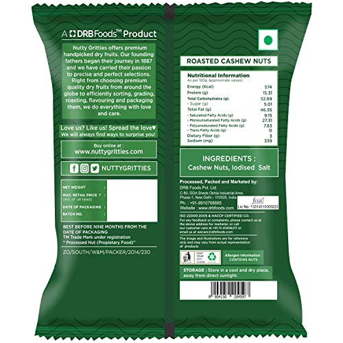 Image of Nutty Gritties Roasted Cashews, Lightly Salted, Dry Roasted, Non Fried, Zero Oil, Crunchy Healthy Snack - 21g (Pack of 30)