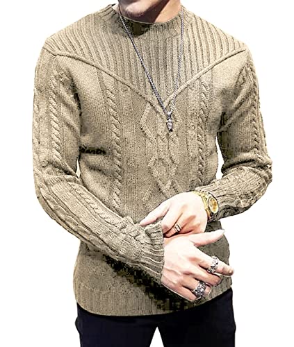 Savkoov Men's Pullover Long Sleeve Crewneck Knitted Sweater Khaki #TOP1
