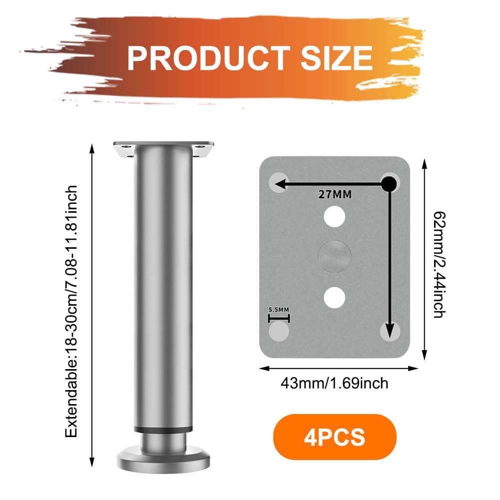 Patas Ajustables para Muebles, 18 – 30 cm, 4 Unidades, Color Gris, Altura Regulable, Patas de Metal, Patas Regulables para Muebles de baño, Patas de Armario, Patas de Mesa, Cómodas, Patas de Cama