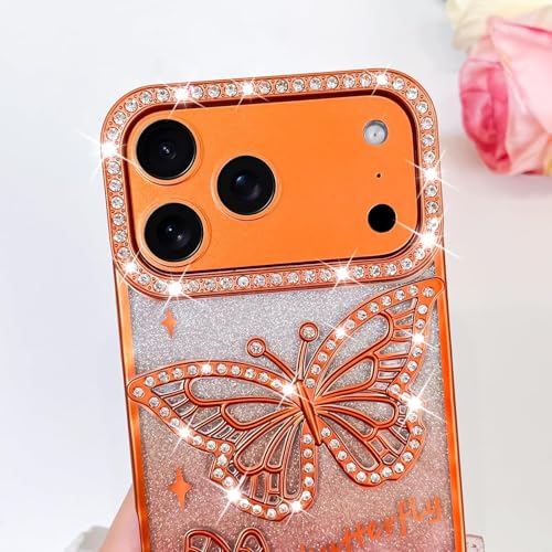Image of VONZEE Electroplated Butterfly Case Compatible with iPhone 17 Pro, Pearlescent Diamond Sparkle Soft TPU Cover, Shockproof Drop Protection, Camera Lens Guard Stylish Phone Case for Women & Girl