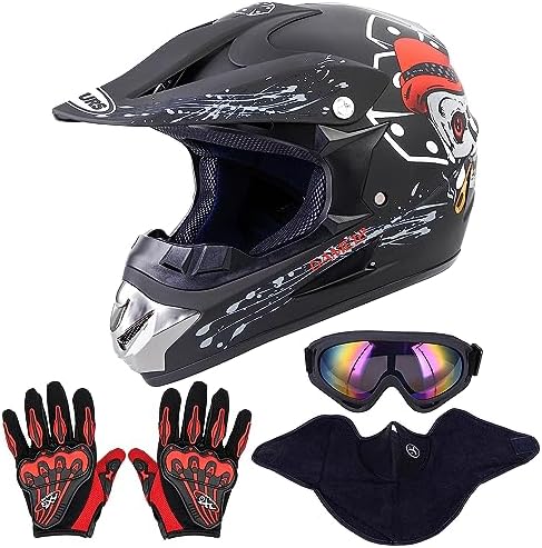 OUMURS Adult Dirt Bike Helmet with Goggles Gloves & Mask Adjustable Sun Visor DOT/FMVSS-218 Motorcycle Adults ATV Helmet Off-Road Motocross Downhill Moped MX for Unisex-Adult-New Black Skull, XL