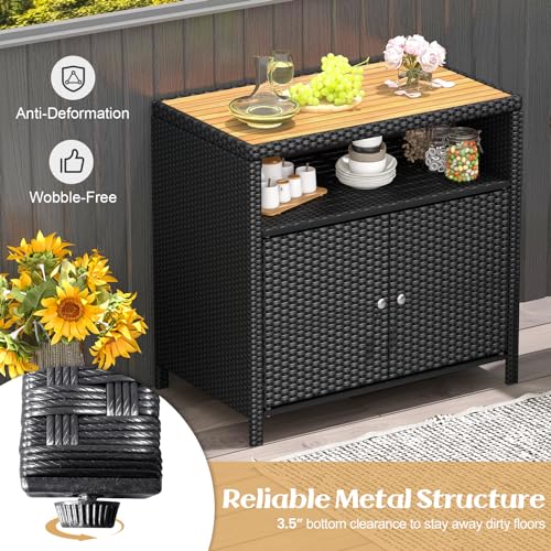 Image of Tangkula Rattan Outdoor Storage Cabinet, Patiojoy Outdoor Cabinet with Acacia Wood Countertop, Open Compartment, 2-Door Wicker Sideboard, Outdoor Bar for Patio Garden Backyard Poolside (Black)