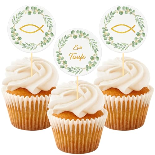 Cake Topper Taufe, 24 Stück Fisch Eukalyptus Cupcake Torte Deko, Zur Taufe Tortendeko Junge Mädchen, Personalisiert Muffin Deko Taufdeko Party Geschenke