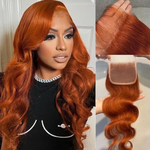 ALHER Ginger Orange Body Wave 4x4 Closure Human Hair 350 Copper Red Auburn Orange Colored Wavy Soft Melt 4x4 Lace Closure Free Part 10A Brazilian Virgin Remy Hair Pre Plucked with Baby Hair 14 Inch