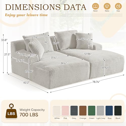 Image of Oversized Chaise Lounge Chair Indoor,78.7 inchW Upholstered Corduroy Cloud Sofa Boneless Couch,Modern Deep Seat Comfy Sofa Chair,Loveseat Sleeper Couch Bed for Livingroom,Bedroom,No Assembly(Light Grey)