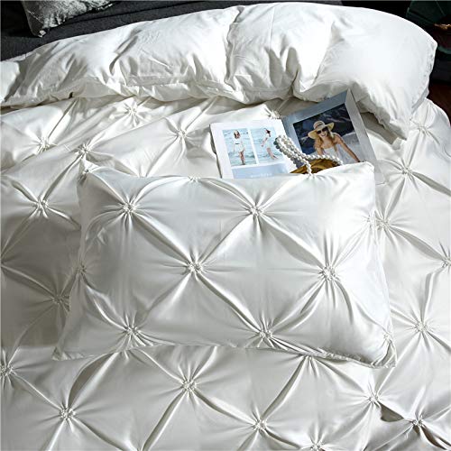 Smnjf 3 Piece Pinch Pleated Duvet Cover With Zipper Closure, White Pintuck Pinch Pleat Pattern Bedding Comforter Cover Set (White, Full/Queen, 90"X90") #TOP5