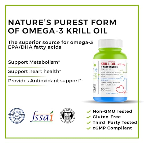 Image of Haleup Antarctic Krill Oil Omega 3 Fatty Acid capsules 1000 mg, Highest Concentration of EPA DHA /Krill Oil for Men & Women, Supports Heart, Brain, Joint and Eye