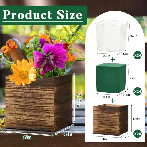 Dandat 24 Set Wood Cube Planter Box Square Wood Vase Rustic Cube Planter Box with Removable Plastic Liner Floral Foam Blocks for Centerpieces Home Wedding Garden Decor, Country Style (Brown) - Thumbnail 2