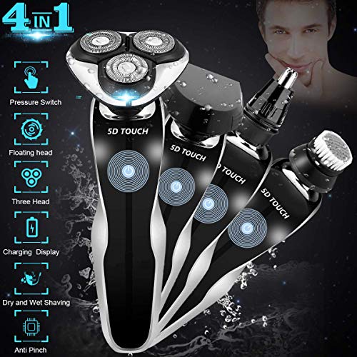 Electric Razor, Electric Shavers for Men, 4 in 1 Dry Wet Waterproof Mens Rotary Shaver Portable Face Shaver Travel Rechargeable Beard Trimmer USB Cordless Nose Trimmer Facial Cleaning Brush for Dad
