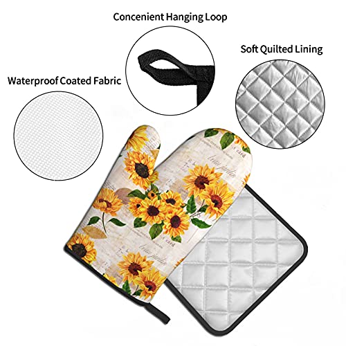 Hitamus Vintage Grunge Yellow Sunflower Oven Mitts And Pot Holders Sets, Heat Resistant Kitchen Microwave Gloves Non-Slip Pot Pads For Grilling Baking Cooking Bbq (Set Of 2) #TOP2
