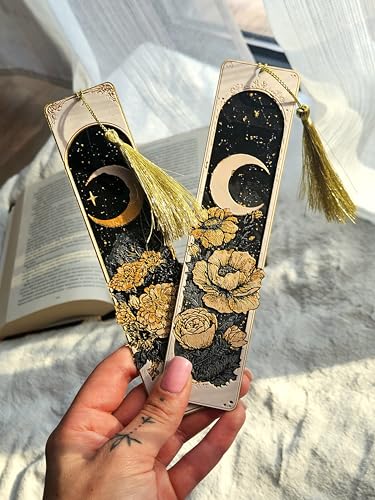 Image of 2 Pack MoonBloom Aesthetic Bookmark with Tassel | Crescent Moon & Floral Design | Page Markers for Books | Gift for Book Lovers, Readers, Girls | Durable Bioplastic
