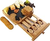 Utopia Kitchen Cheese Board and Knife Set - Set Includes Cheese Slate, 4 Stainless Steel Cheese Knives, Charcuterie Board with Drawer - Natural Oak Cheese/Cracker Platter - Cheese Cutting Board Set