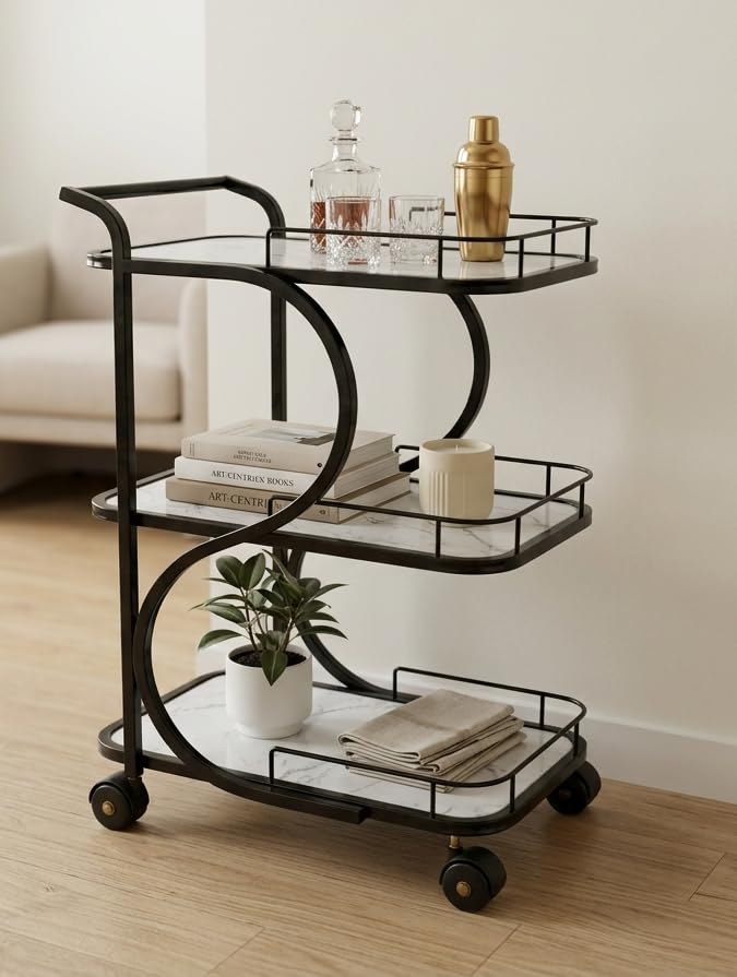 Image of Serving Trolley with Wheels for Home, Tea Food Drinks Serving Kitchen Trolley Restaurant, Hotels,Dining Room bar cart with Wheels (White-Black)