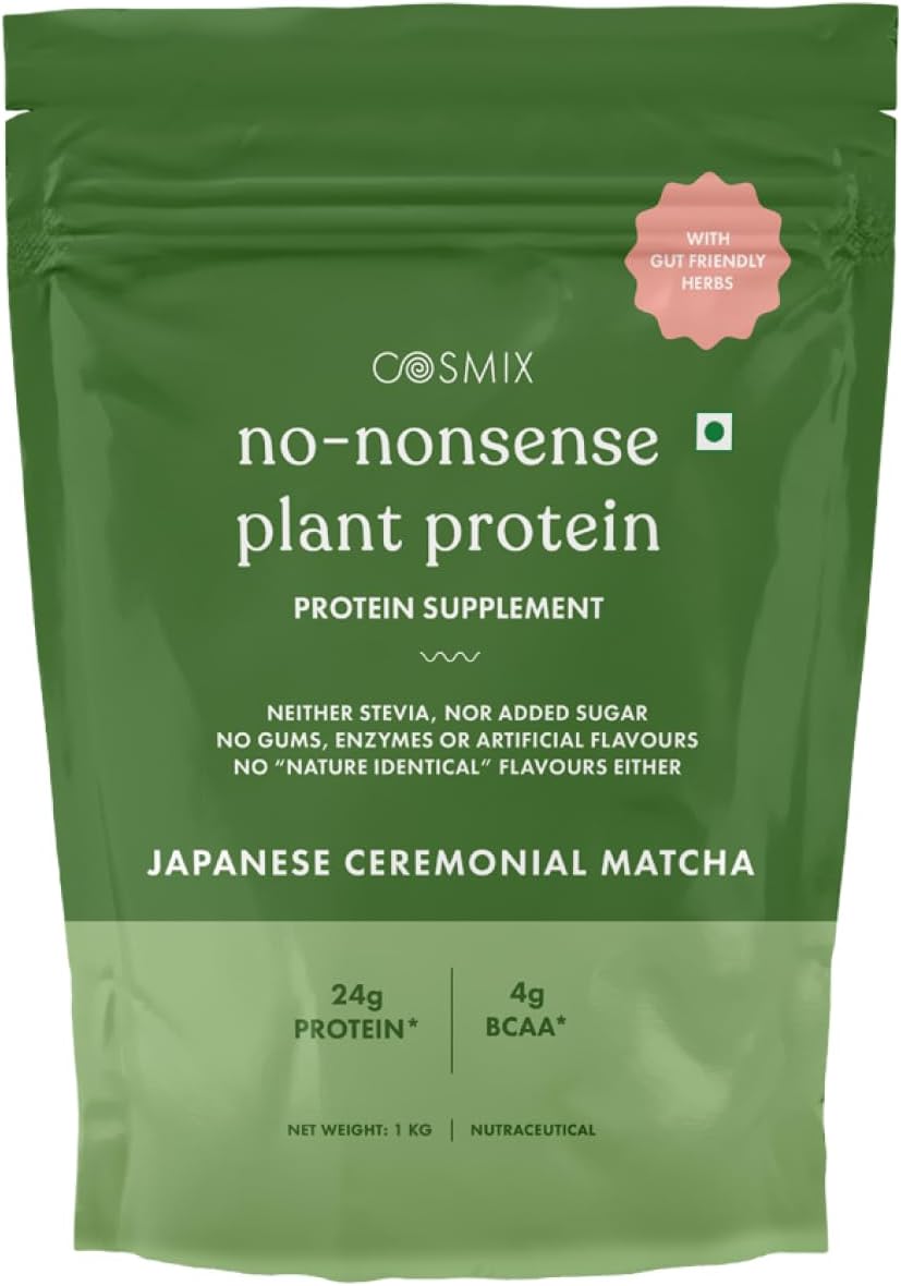 Cosmix No-Nonsense Plant Protein | 24 Protein/Serve, 1Kg Pouch | Japanese Ceremonial Matcha | Plant Based Protein, Pea & Rice Isolate | Clean, Easy to Digest | All Essential Amino Acids