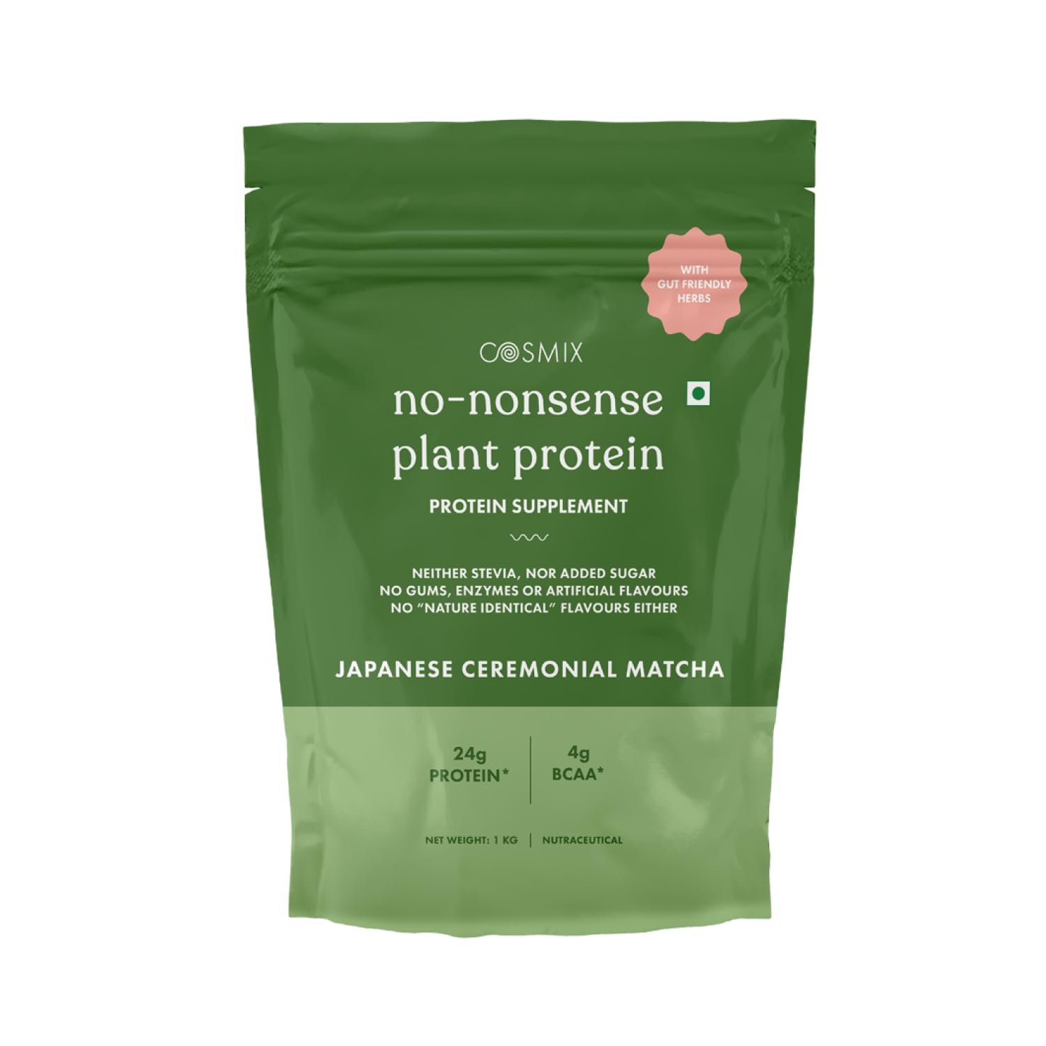 Cosmix No-Nonsense Plant Protein | 24 Protein/Serve, 1Kg Pouch | Japanese Ceremonial Matcha | Plant Based Protein, Pea & Rice Isolate | Clean, Easy to Digest | All Essential Amino Acids