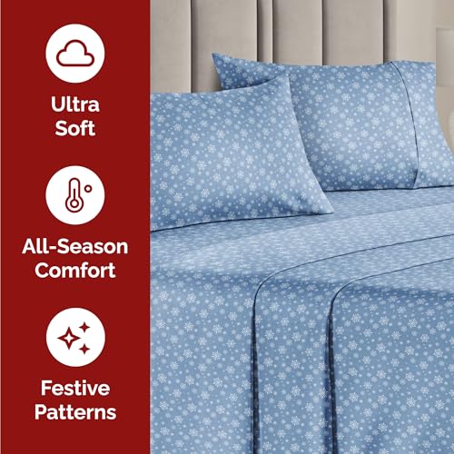 Full Christmas Blue Snowflakes Sheet Set - Holiday Xmas Pattern Bedding Set - Deep Pockets - Snug Fit - 4 Piece - Wrinkle Free - Cooling Festive Winter - Holiday Sheets for Women, Men, Kids & Teens