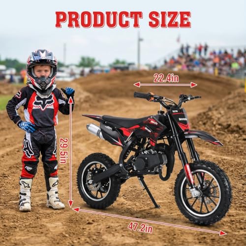 Image of 49CC 2 Stroke Dirt Bike, Gas Motorcycle for Kids, Moto De Gasolina para Ninos with 10 Inch Off Road Tires, Shock Absorption & Front Rear Disc Brakes, Up to 25 Mph, 330 Lb Load (Red)