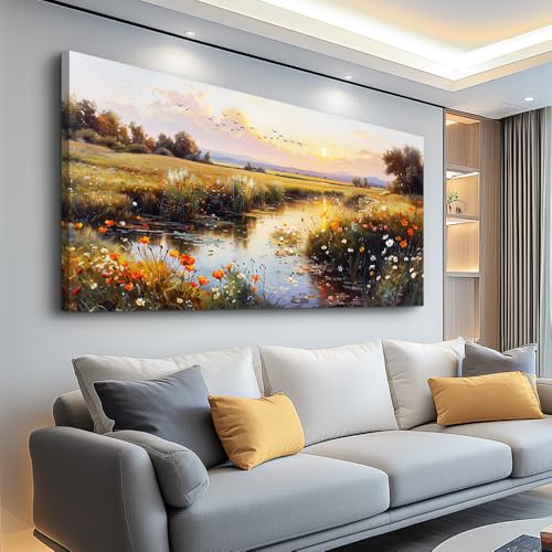 ZUITINGHUA Large Wall Decor For Living Room Canvas Wall Art For Office Modern Wall Decorations For Bedroom Rivers Landscape Painting Farmhouse Pictures Artwork Room Home Decor 24x48 In