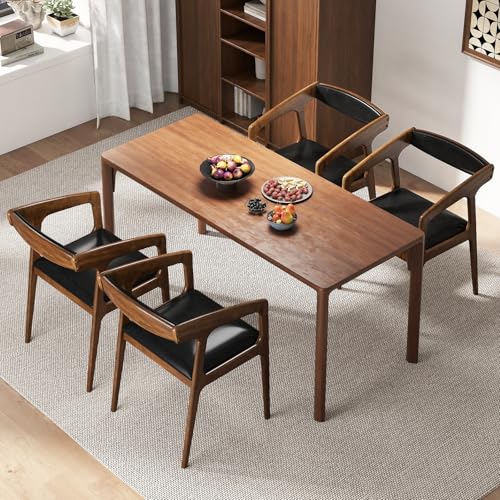 Image of COSTWAY Dining Chairs with Arms Set of 4, Mid Century Modern Wooden Accent Chairs with Faux Leather Seat & Padded Backrest, Kitchen Side Armchairs for Living Dining Reading Room, Brown & Black