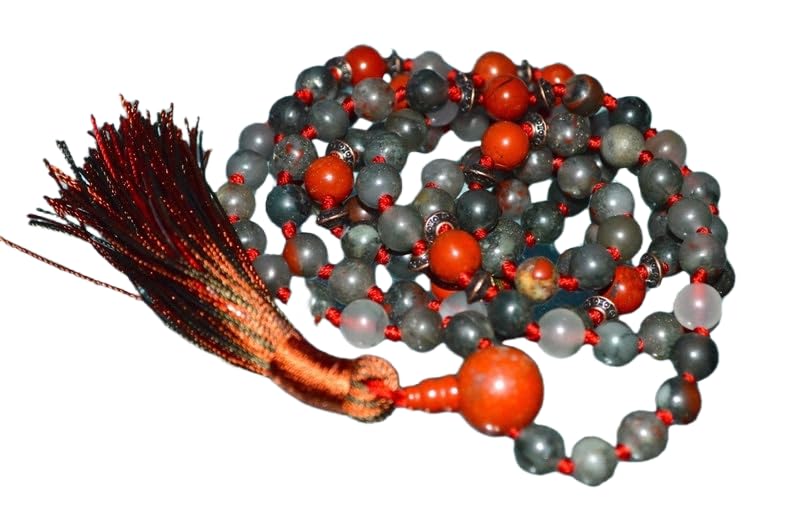 Cuentas Mala de piedra de jaspe verde musgo de piedra de sangre, 108 Mala anudada, collar WWG, joyería de yoga, cuentas de meditación, joyería espiritual, joyería bohemia, 34inch, Gema