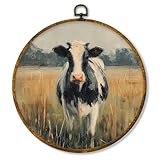 Hiuwevt Vintage Cow Round Wall Art Decor, Cottagecore Milk Cow Framed Canvas Prints, Rustic Farmhouse Animal Round Wall Hanging Decor for Country Home Living Room Decorations, 10x10 Inches