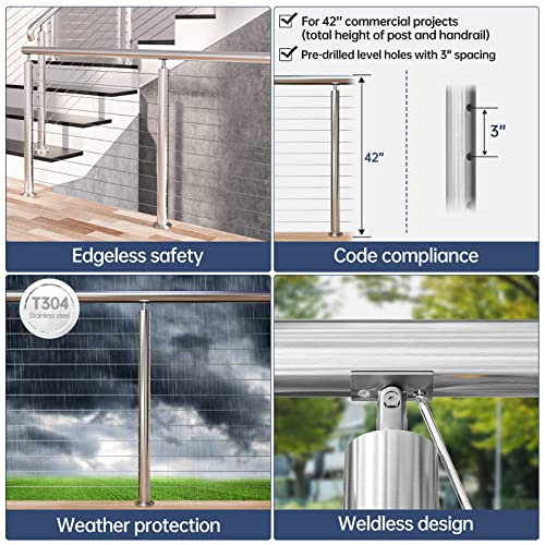 Muzata Cable Railing Post Round Post 42”X2.36” Stainless Steel Brushed Finish Level Drilled Line Posts Top Mount Wood Concrete Level Deck Ps21 Lh4L, Pt1 Pt3 #TOP2